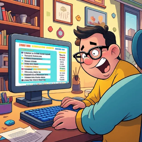 Funny Names Generator – Create Hilarious Names Instantly Cartoon illustration showing a user generating funny names online.